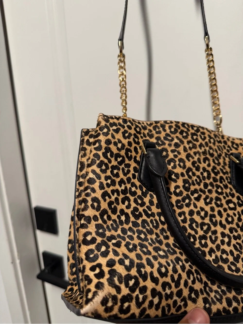 Michael Kors Hamilton Leopard Calf Hair Satchel Crossbody Bag Gold Hardware